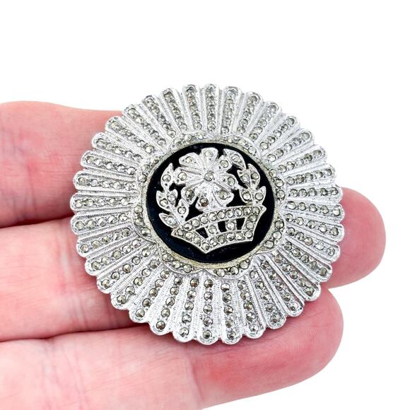 Vintage Sterling Silver 925 Marcasite & Onyx Flower Pot Pin Brooch - Picture 1 of 7